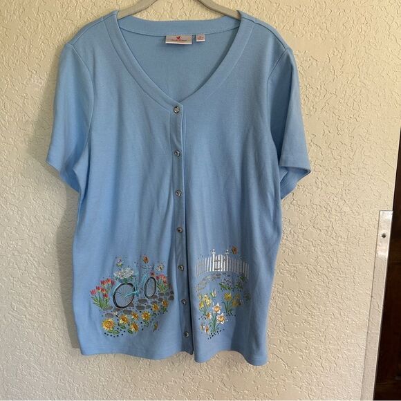 Quacker Factory Springtime Scenes V-Neck  Snap Up Cardigan‎ Light Blue Large - Picture 6 of 12